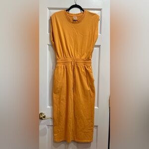 Calia by Carrie Underwood Size S Orange Extended Shoulder Drawstring Midi Dress